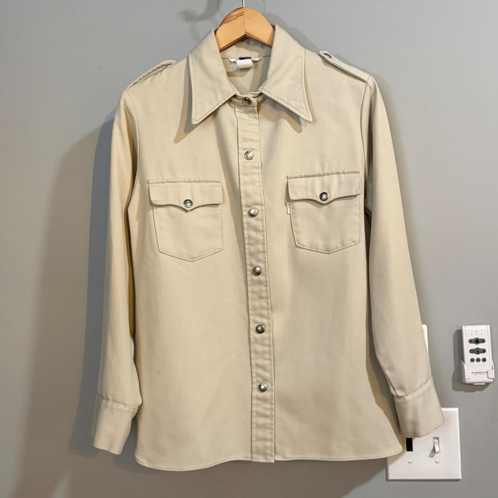 Levis Panatela Shirt Big E M Cream 70s Vintage Snap Front Twill Epaulets Safari